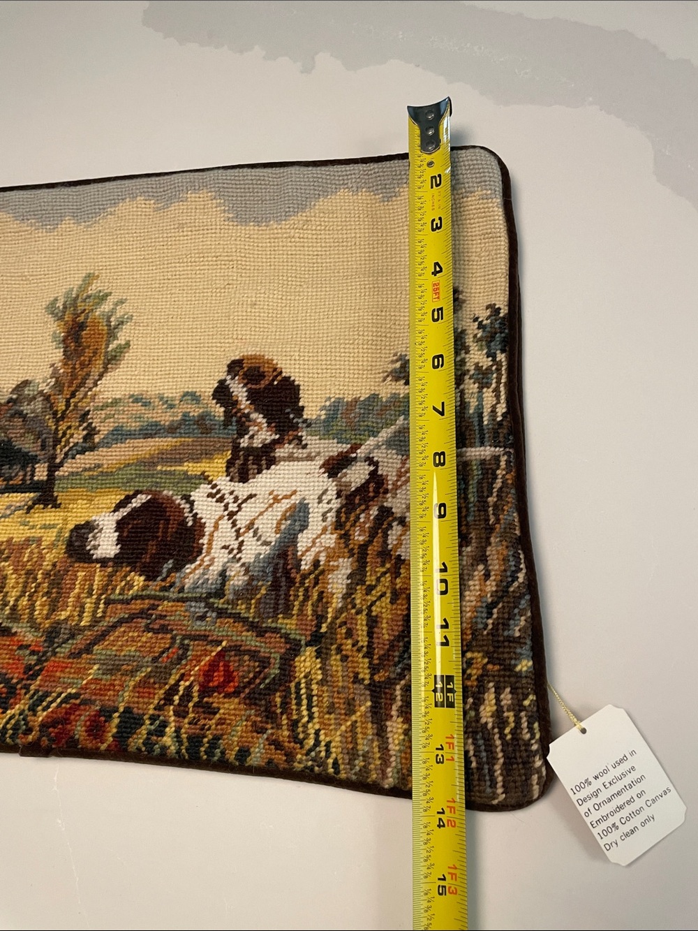 Needlepoint Hunting Scene Pillow Cover — Dogs in Field, Tan & Brown - Picture 7 of 9